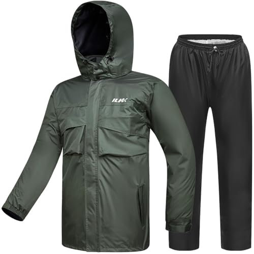 ILM Motorcycle Rain Suit Waterproof Men 2 Set Jacket and Trousers Motorbike Fishing Rain Gear Resistant Protective 6 Pockets RS02,Army Green-men,L