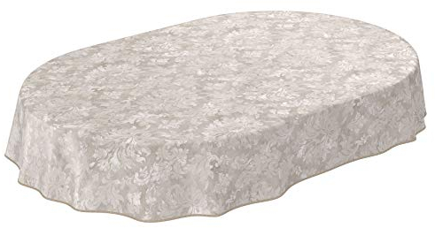 Wachstuchtischdecke abwaschbar Garten Tischdecke Wachstuch Rund Oval Eckig Indoor Outdoor Barock Rankenmuster Hellgrau-Beige Oval 160x140cm mit Saum - Eingefasst