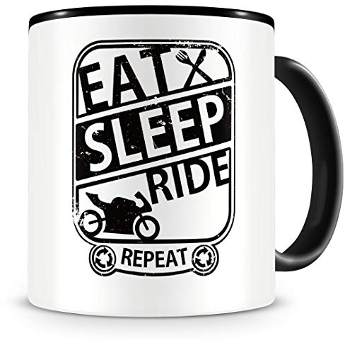 Samunshi® Motorrad Tasse mit Spruch Eat Sleep Repeat Geschenk für Biker Kaffeetasse groß Lustige Tassen zum Geburtstag schwarz 300ml