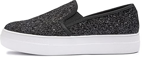 Feversole Women's Fashion Slip-On Trainer Casual Flat Loafers Skater Pumps Trainers Sneakers Shoes Black Glitter Size 4.5