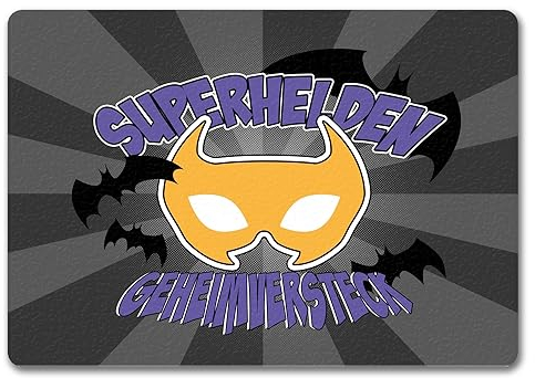 Superhelden Geheimversteck Fußmatte in 35x50 cm ohne Rand im Comicdesign mit Fledermäusen eine Coole Fledermaus-Superhelden Fußmatte in 35x50 cm ohne Rand als Dekoration für das