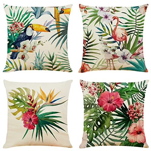 NIULAA 4er Set Kissenbezug 45 x 45 Tropisch Pflanzen Deko Kissen Leinen Couchkissen Landhaus Kissenbezüge Sommer Wohnzimmer Sofakissen Bunt kissenhülle Outdoor für Loungemöbel