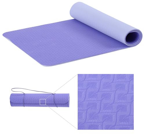 SHOP LC Rutschfeste Yogamatte, TPE Trainingsmatte für Fitness, Pilates & Gymnastik, leichte Reisematte für zu Hause oder draußen mit Trageriemen, Dicke 6 mm Violett-Lila
