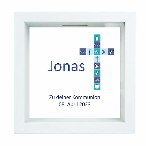 Bilderrahmen-Spardose -blaues Kreuz Motiv, Kommunion- personalisiert mit Namen & Datum - Geschenk zur Kommunion - 3D-Sparbüchse als Geldgeschenk