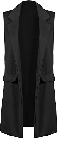 Hiffy® Women's Ladies Open Front Sleeveless Long Duster Coat Blazer Jacket Plus Size UK 8-26 (12-14, Black)