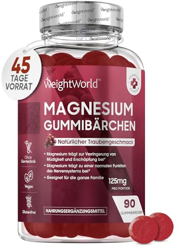 Magnesium Gummies 125 mg pro Portion - 90 Magnesiumcitrat Gummibärchen - Natürlicher Traubengeschmack - 2 Stück pro Tag - Alternativ zu Magnesium Kapseln & Tabletten - 45 Tage Vorrat - WeightWorld