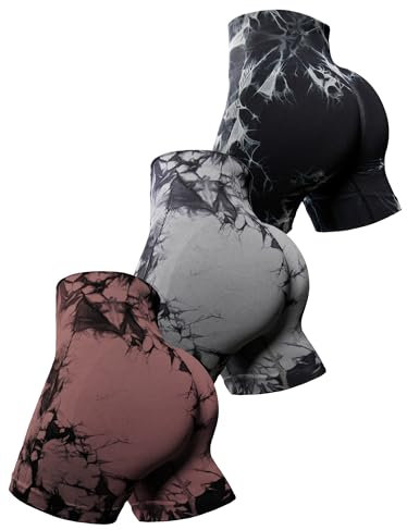 OVESPORT Workout-Shorts für Damen, Scrunch Butt Lifting High Waisted Yoga Gym Nahtlose Booty Biker-Shorts, Braun/Grau/Schwarz, Klein