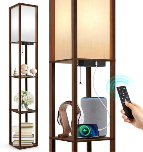 OUTON Lampadaire avec Étagères, Moderne Dimmable Lampadaire LED avec Télécommande, 1 Ports de Charge USB et 1 Type C, 4 Températures de Couleur, Minuterie, Lampadaire sur Pied Salon, Chambre et Bureau