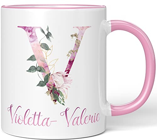 JUNIWORDS Tasse, Violetta-Valerie, Name Anfangsbuchstabe Initial Alphabet Floral Buchstabe V Monogramm Motiv, Rosa (5548141)