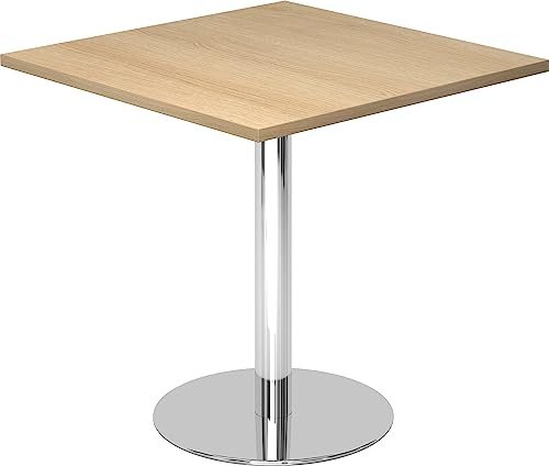 bümö Besprechungstisch, Esstisch klein, Tisch eckig 80x80 cm - Kleiner Esstisch Eiche, Rundtisch Esstisch 2 Personen mit Holz-Platte, Säule aus Metall verchromt, Konferenztisch, Bistrotisch