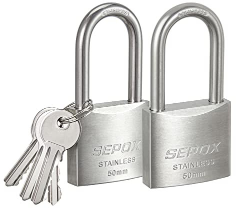 SEPOX Outdoor Padlock with Key Stainless Steel Lock Body and Shackle Waterproof Keyed Pad Lock Heavy Duty Padlock and Key Weatherproof for Gate Chain Shed Boat Marine (40mm SS304) (2X SS 50mm Long)