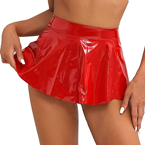 inlzdz Damen Lederrock Minirock mit Reißverschluss A-Linie Ausgestellte Röcke Kunstleder Unterrock Faltenrock Rave Tanz Party Clubwear Rot XL