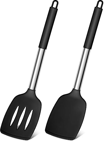 Joyfair Silicone Spatula, Stainless Steel Spatula Pack of 2, Cooking Turner/Non Stick Kitchen Slotted Utensil Set Ideal for Fish, Eggs, Pancakes, Heat Resistant & Dishwasher Safe, Black