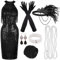PLULON 1920er-Jahre-Kleid mit Pailletten, Perlen und Fransen, Set mit Accessoires im Stil der 20er Jahre V-Ausschnitt Gatsby-Kleid mit Feder-Kopfbedeckung, Handschuhen Halskette goldene Ohrringe Damen