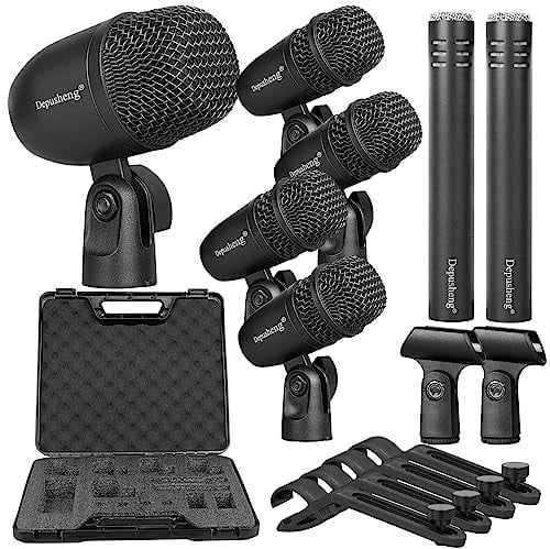 Depusheng Set microfono per batteria da 7 pezzi Con 5 microfoni dinamici a percussione e 2 microfoni a condensatore a percussione Ideale per la registrazione di strumenti e la produzione musicale