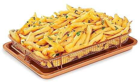 Bakken- Swiss Air Fryer Tray Basket w/Elevated Mesh Great for Oven, for Baking & Crispy Foods, Dishwasher Safe,PTFE/PFOA/PFOS Free Extra-Large 9.5/''x13/'',Copper