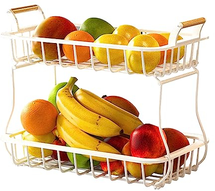 PRTECY Cesta de Frutas de 2 Niveles Estante Grande para Fruteros con Mango de Madera Encimera de Metal Frutas Produce Cesta de Almacenamiento Organizador para Encimera de Cocina(Blanco)