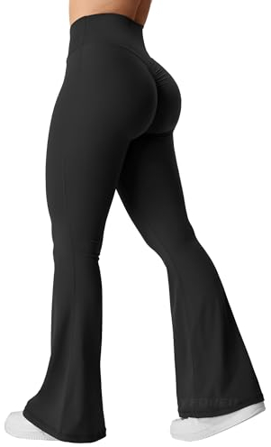 YEOREO Kalie Flare Scrunch Leggings für Damen, V-Ausschnitt, Kreuz-Taille, Glockenunterteil, Yogahose, Bauchkontrolle, Bootcut, Workout-Leggings, Schwarz, M