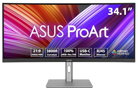 ASUS ProArt Display PA34VCNV Monitor Professionale Curvo da 34” pollici, IPS, 21:9 3440 x 1440, Curvatura 3800R, 100%sRGB, Colori ΔE < 2, Calman, Docking USB-C PD 96W, RJ45, Ecosostenibile, Nero