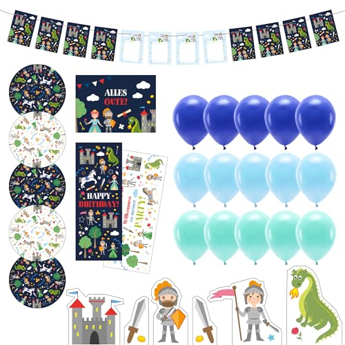 Drachen / Ritter Kindergeburtstag Deko Box - Geburtstagsdeko Set für Jungen - Geburtstag Dekoration für Kinder Partys - Tischdeko mit Snackuntersetzern, Poster, Girlande uvm. - Party birthday