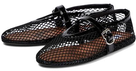 DOEYG - Ballerine da donna in rete con cinturino con fibbia, comode, casual, da ufficio, nero, 36 EU
