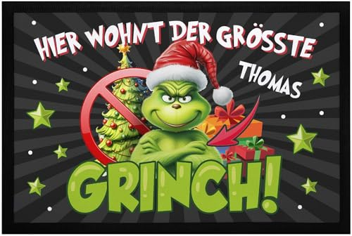 MoonWorks® Fußmatte Weihnachten Grinch personalisiierbar Wunschname Spruch lustige Weihnachtsdeko rutschfest & waschbar Grinch schwarz1 (6688) 60x40cm