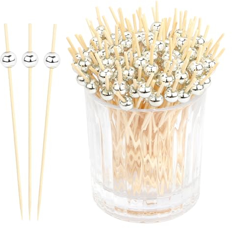 Silver Pearl Wooden Cocktail Picks - 150 PCS, 4.7 Inch Long, Fancy Designs,Ideal for Christmas Parties