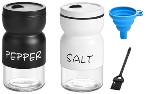 Hsthe Sea Ensemble de 2 shakers à épices, salière et poivrière, Bouteilles à épices en Verre Vintage avec Couvercle, Brosse de Nettoyage, Entonnoir, Pots à épices pour la Cuisine (Noir + Blanc)