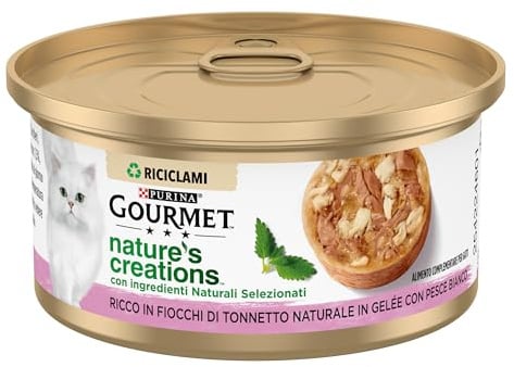 Gourmet Nature's Creations Feuchte Katze, reich an natürlichen Thunfischflocken und Weißfisch in Gelée, 24 Dosen à 70 g