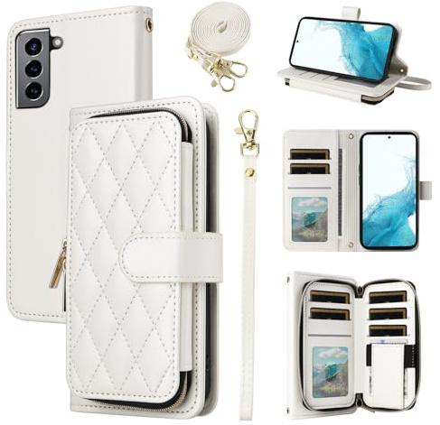 ELISORLI Wallet Case for Samsung Galaxy S21 5G 6.2 inch with Wrist Strap, Crossbody Shoulder Strap, 9+ Card Slots Zipper Purse, Luxury PU Leather Stand Cell Phone Cover for S 21 21S G5 Women White