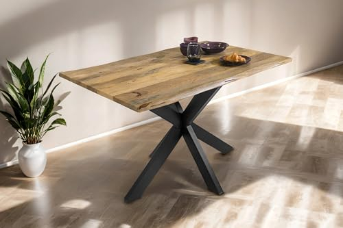 SAM Esstisch Tiger 120 x 80 cm, Mangoholz massiv & naturfarben, Baumkantentisch mit Spider-Metallgestell in Schwarz, echte Baumkante, Esszimmertisch in Vintage-Optik