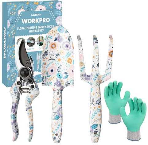 WORKPRO Ensemble d'Outils de Jardinage 4 Pièces, Outils en Acier Inoxydable avec Gants, Sécateur, Truelle de Jardin, Râteau à Main, Idéal pour Taille et Entretien, Cadeaux de Jardinage, Blanc Imprimé