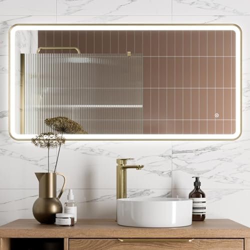 BAYSTONE® 600 x 1200mm Bathroom Mirror with LED Lights Wall Mounted Demister Illuminated Mirrors for Bathrooms, Mains Powered, Brushed Brass, Touch Sensor