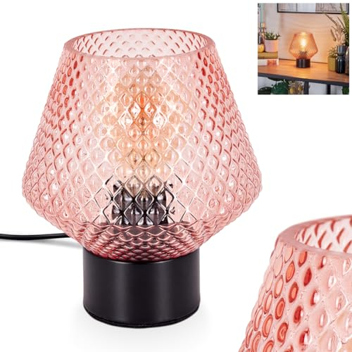 Tischleuchte Paderne, Tischlampe aus Metall/Glas in Schwarz/Rosa, Leuchte im modernen Vintage/Retro-Design mit Schirm aus Glas (Ø 15cm) u. An/-Auschalter am Kabel, 1 x E27, ohne Leuchtmittel