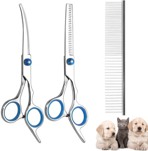 FINEASY Modern Dog Grooming Scissors Set, Curved & Thinning Scissors, Comb, Stainless Steel, Blue