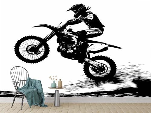 Générique Art Papier Peint Intissé Peinture Pilote De Moto Tout-Terrain, Noir Papier Peint Photo 250 x 175 cm (W x H), pour Fresque Murale 3D HD pour Salon Chambre Cuisine