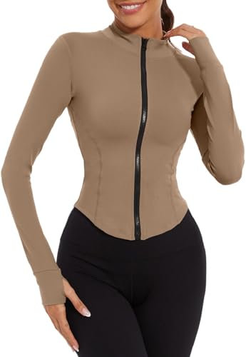 Joligiao Womens Running Jacket Slim Fit Long Sleeve Gym Wear Tops Zip Up Sports Jackets Lightweight Stretchy Breathable Activewear with Thumb Holes(Brown,M)