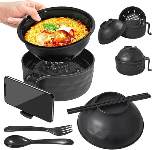 Microwave Ramen Bowl Set, Ramen Noodle Bowl with Sticks, Ramen Bowl Microwave Safe, Ramen Microwave Bowl, Microwave Ramen Cooking Bowl with Lid (Black)