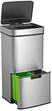 WELL HOME Papelera de reciclaje 67L (42L+25L), cubo de basura con 2 compartimentos, apertura automática con sensor, en acero inoxidable, cromado