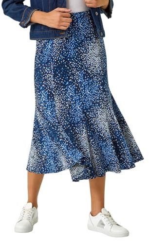 Roman Jersey Skirt for Women UK - Ladies Midi Maxi Floral Animal Print Autumn Winter Swing Smart Casual Office Cocktail Party Going Out Evening Holiday Cruise - Size 16 - Navy Multi