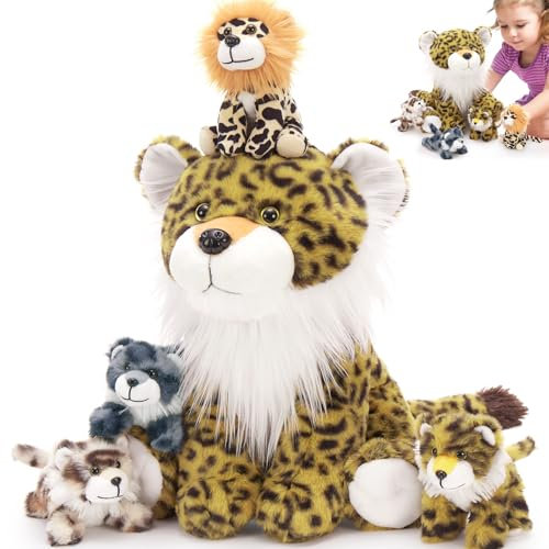 MorisMos riesen Leopard Kuscheltier XXL mit 4 Baby im Bauch, groß Leopard Stofftier Gepard Plüschtier, Geburtstag Geschenk für Kinder