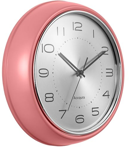 Accqura 30 cm Wanduhr 12inch Vintage Retro - Leises Quarzwerk, Metall-Zifferblatt & Gewölbtes Glas, Mid-Century Design Wanddeko für Wohnzimmer, Küche, Esszimmer, Schlafzimmer & Büro - Korallenrosa