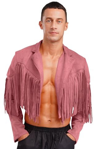 Agoky Veste En Daim Homme Manches Longues Gilet De Cowboy Blazer Franges Tenue Hippie Costume De Carnaval Rose L