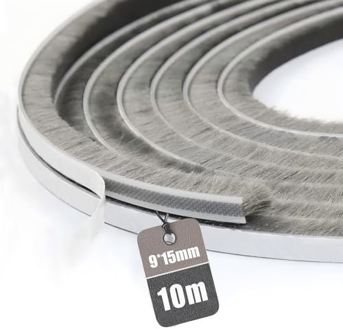 Vingspina Junta de Cepillo Autoadhesiva 10M(L) x 9mm(W) x 15mm(D), Burlete Cepillo para Puerta Corredera Ventana y Persiana, Burlete para Aislamiento Viento Frío, Ruido y Polvo, Gris