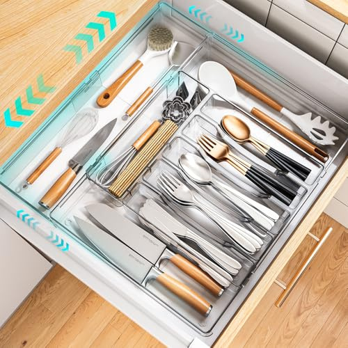 StowBin Extendable Cutlery Drawer Organiser,Adjustable Cutlery Tray | Acrylic Kitchen Drawer Organiser,Utensil Drawer Storage for Tableware, 32-54 x 36-50 x 4.5cm