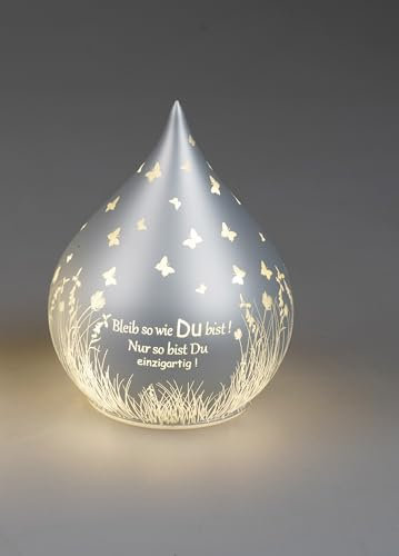 Deko-Licht Tropfen silber13cm aus mattem Farbglas mit LED-Licht, Spruch: Bleib so wie Du bist... + Dekor verziert, inklusive Timerfunktion, für 3x AA Batterien 1,5V-beleuchtete Dekolampe
