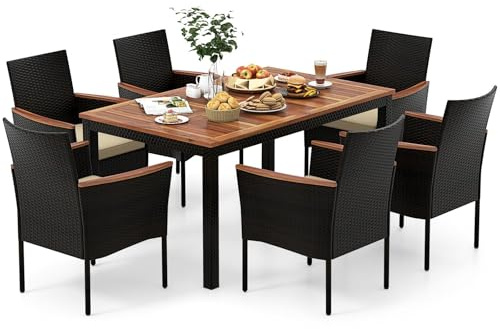 TANGZON Outdoor Rattan Dining Set, Acacia Wood Patio Table and 6 Stackable Chairs with Soft Cushions & Parasol Hole, 7PCS Garden Furniture Set for Backyard Balcony Poolside