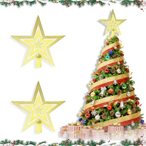 2Pcs 10CM Mini Star Tree Topper Christmas Decorations, Mini Glitter Gold Tree Top Star Small Christmas Tree Decoration Treetop for Xmas Tree Ornaments