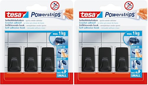tesa Powerstrips Klebehaken Small Eckig - 3 x selbstklebende Wandhaken - für Kacheln, Glas, Kunststoff und weitere Untergründe - 1 kg Halteleistung - Schwarz (Packung mit 2)