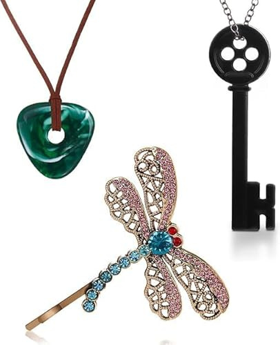 3-teiliges Zubehör für Cosplay-Kostüm, Schlüssel-Halskette, Haarspange, grüner Stein, Halloween-Artikel, Weihnachtsgeschenk, Geburtstagsgeschenk für Damen, Herren und Fans
